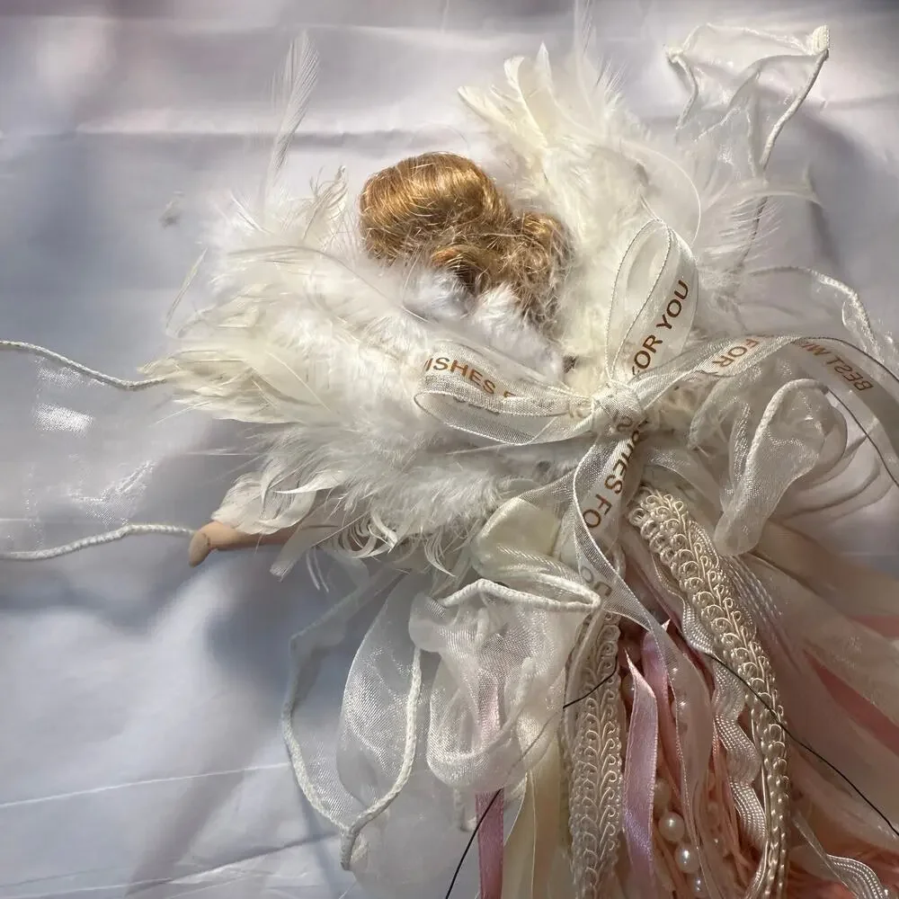 VTG Porcelain Angel Christmas Ornament Cream Pink Pearl Lace Feathers Ribbon 12”